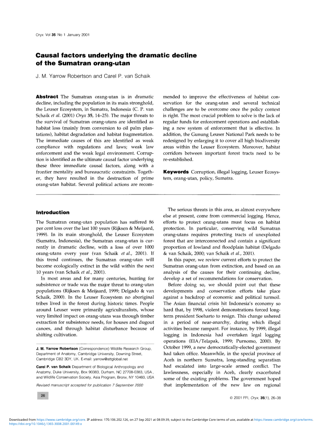 Casual Factors Underlying the Dramatic Decline of the Sumatran Orang-Utan