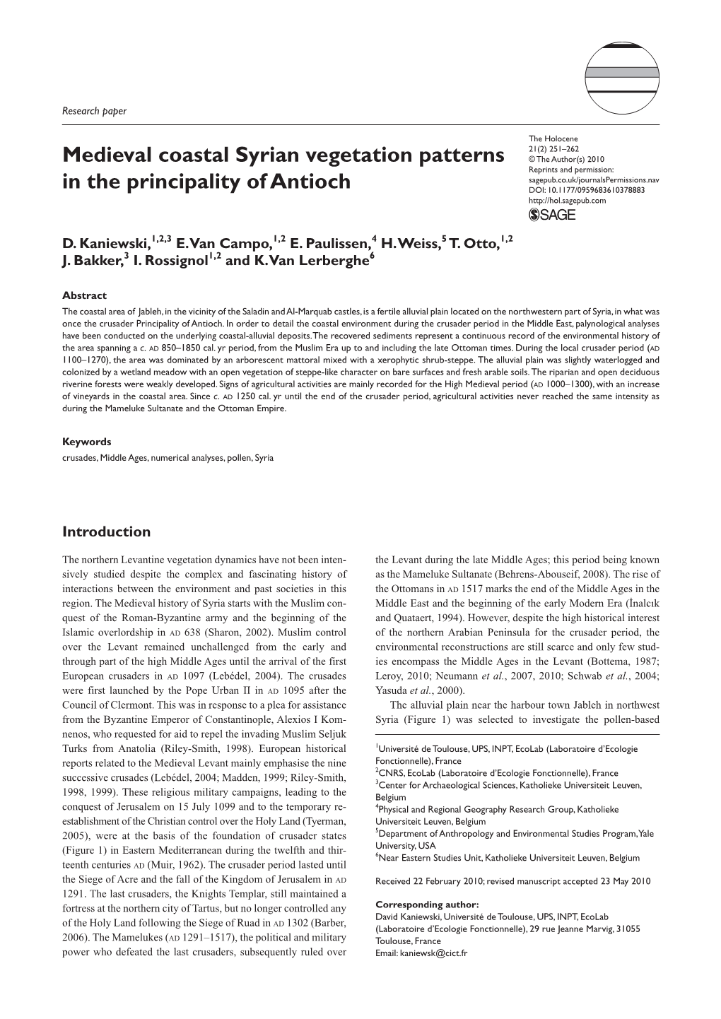 Medieval Coastal Syrian Vegetation Patterns in the Principality of Antioch