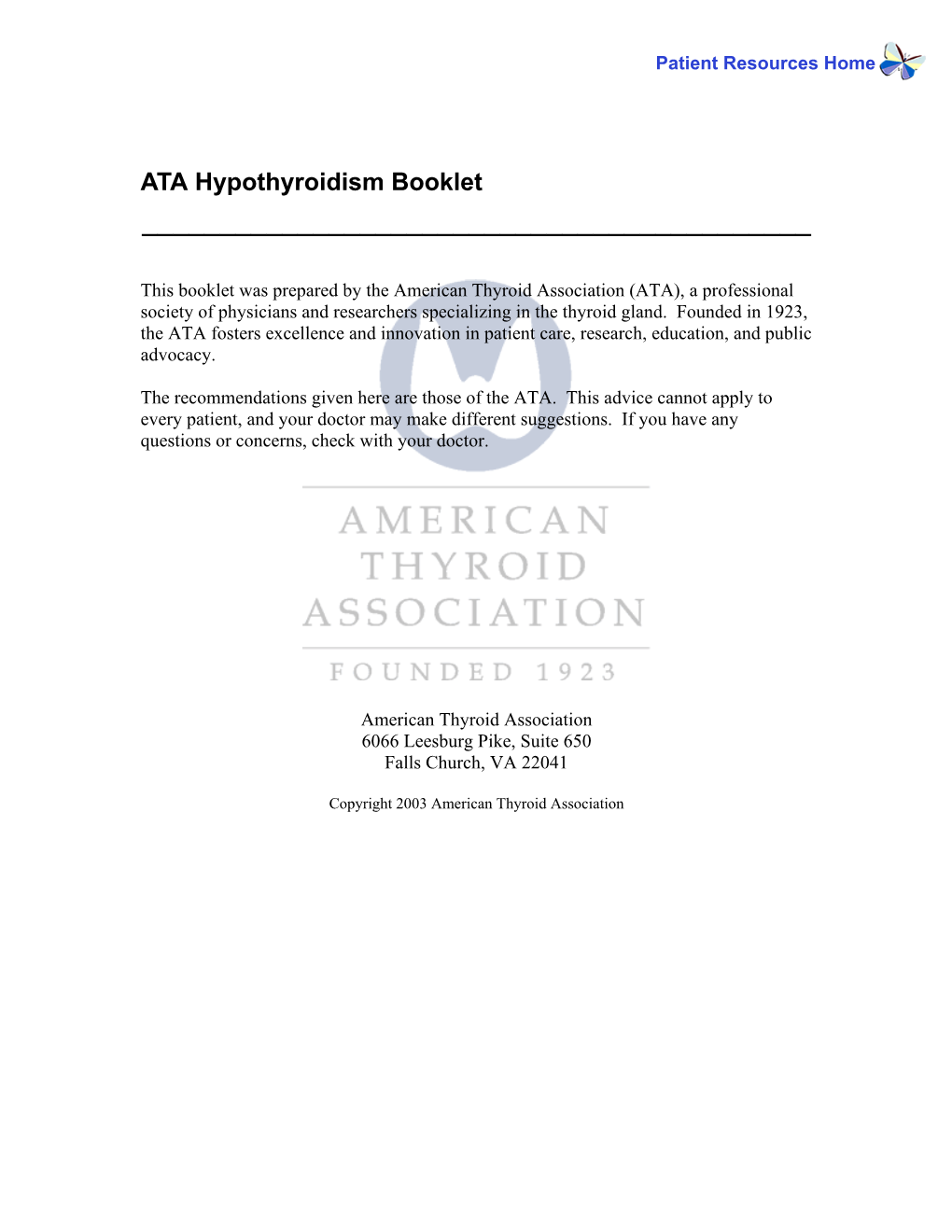 ATA Hypothyroidism Booklet ______