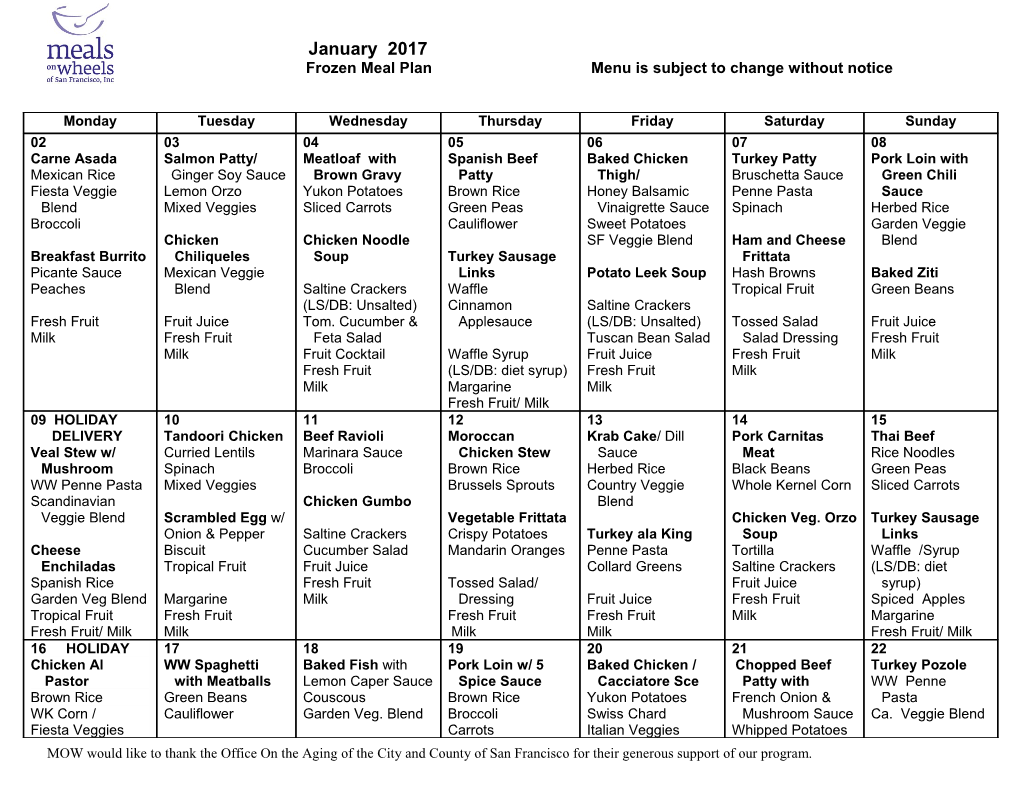 Frozen Meal Plan Menu Is Subject to Change Without Notice