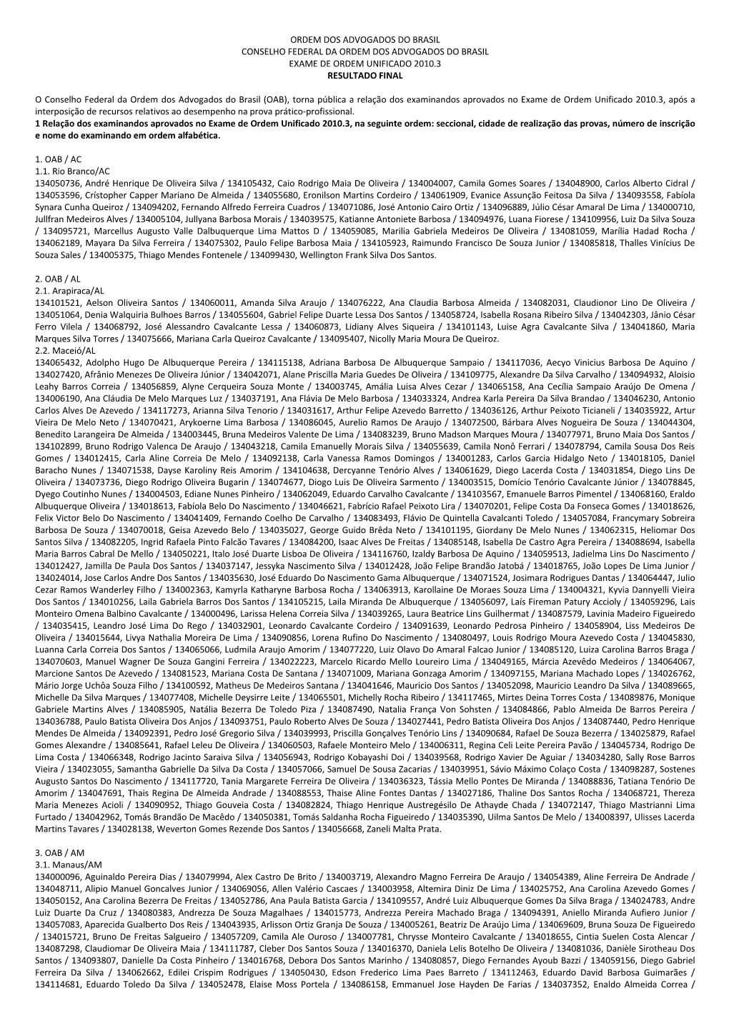 Ordem Dos Advogados Do Brasil Conselho Federal Da Ordem Dos Advogados Do Brasil Exame De Ordem Unificado 2010.3 Resultado Final