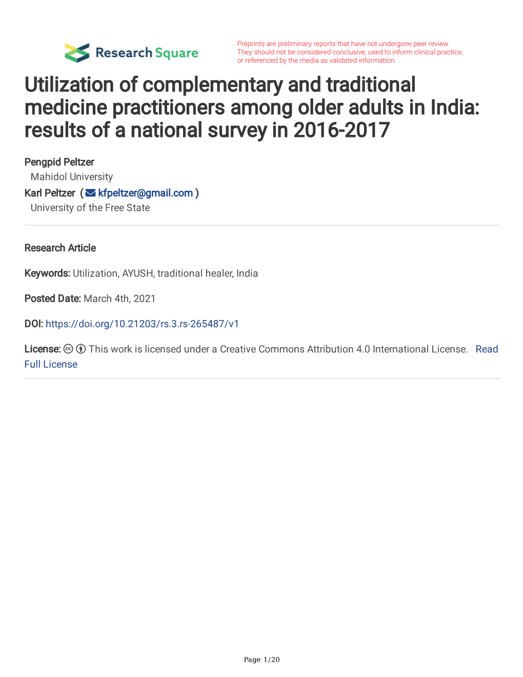 Utilization of Complementary and Traditional Medicine Practitioners Among Older Adults in India: Results of a National Survey in 2016-2017