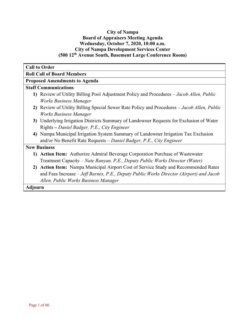 City of Nampa Board of Appraisers Meeting Agenda Wednesday, October 7, 2020, 10:00 A.M