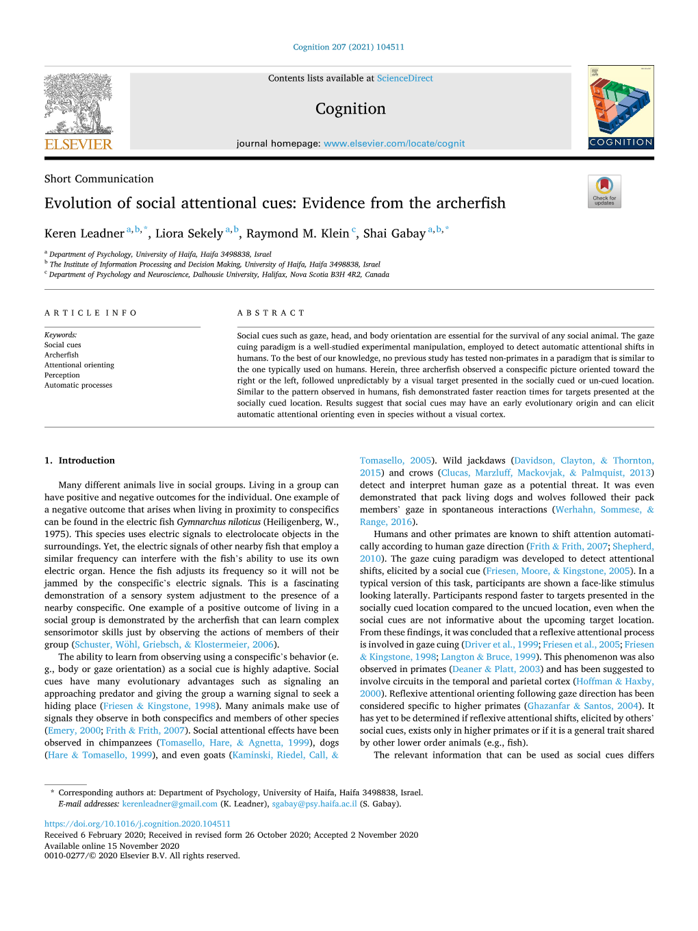 Evolution of Social Attentional Cues: Evidence from the Archerfish