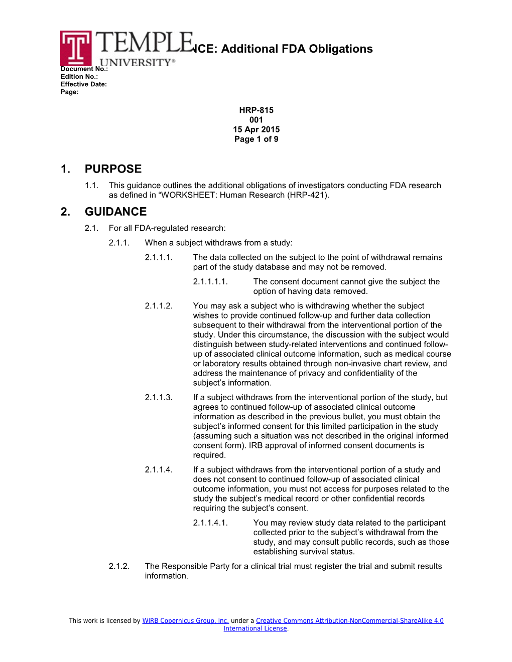 HRP 815 INVESTIGATOR GUIDANCE Additional FDA Obligations