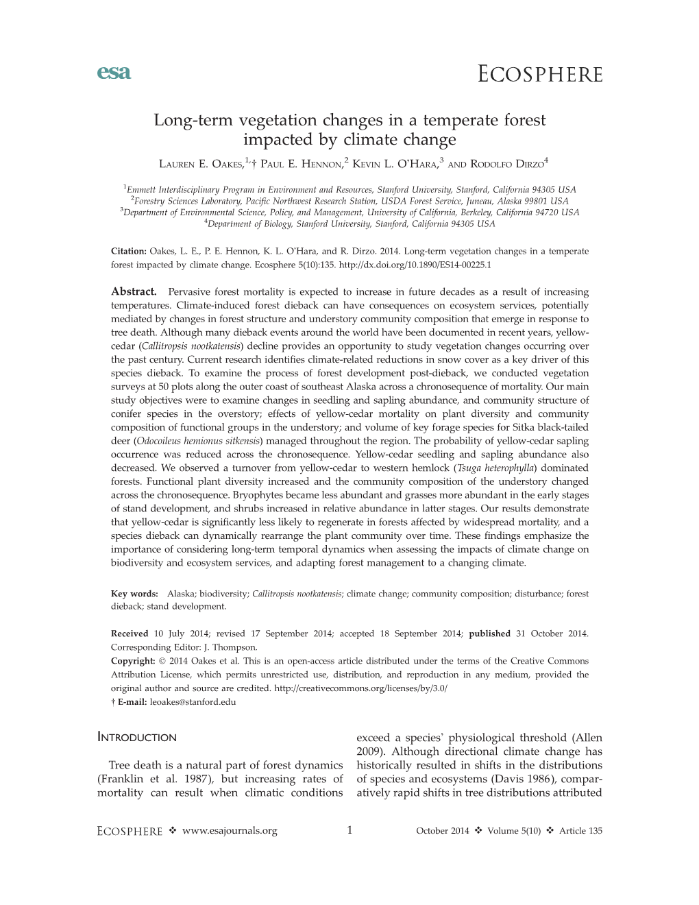 Long-Term Vegetation Changes in a Temperate Forest Impacted by Climate Change 1, 2 3 4 LAUREN E