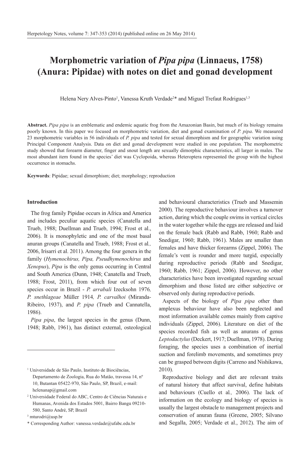 Morphometric Variation of Pipa Pipa (Linnaeus, 1758) (Anura: Pipidae) with Notes on Diet and Gonad Development