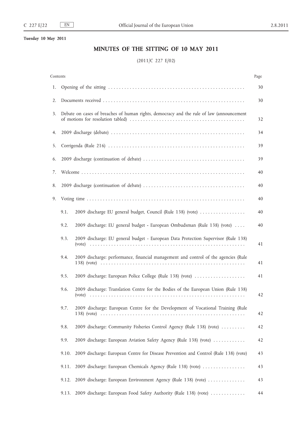 Minutes of the Sitting of 10 May 2011