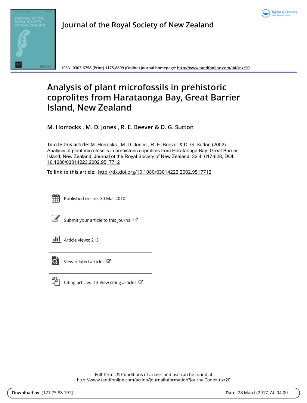 Analysis of Plant Microfossils in Prehistoric Coprolites from Harataonga Bay, Great Barrier Island, New Zealand