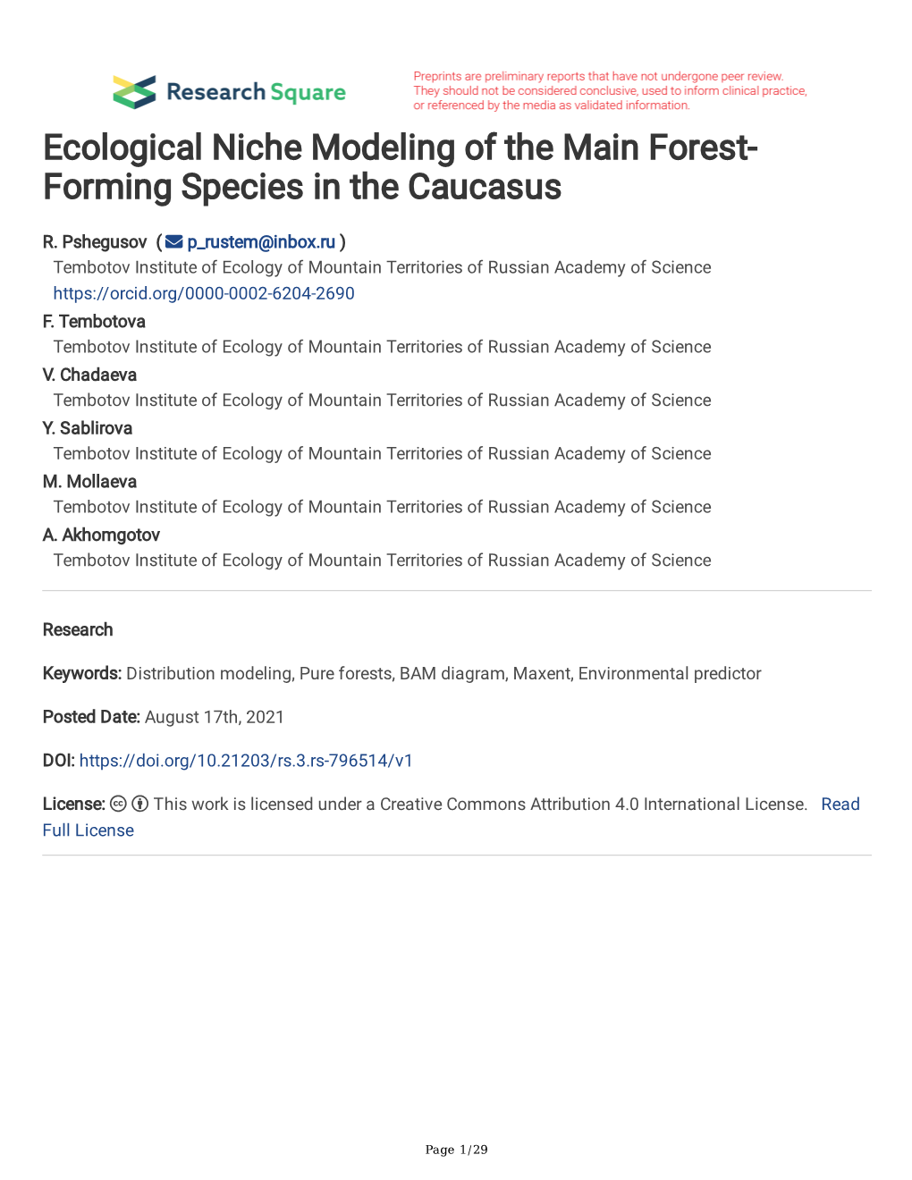 Ecological Niche Modeling of the Main Forest- Forming Species in the Caucasus