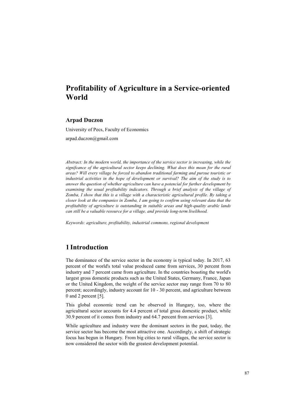 Profitability of Agriculture in a Service-Oriented World