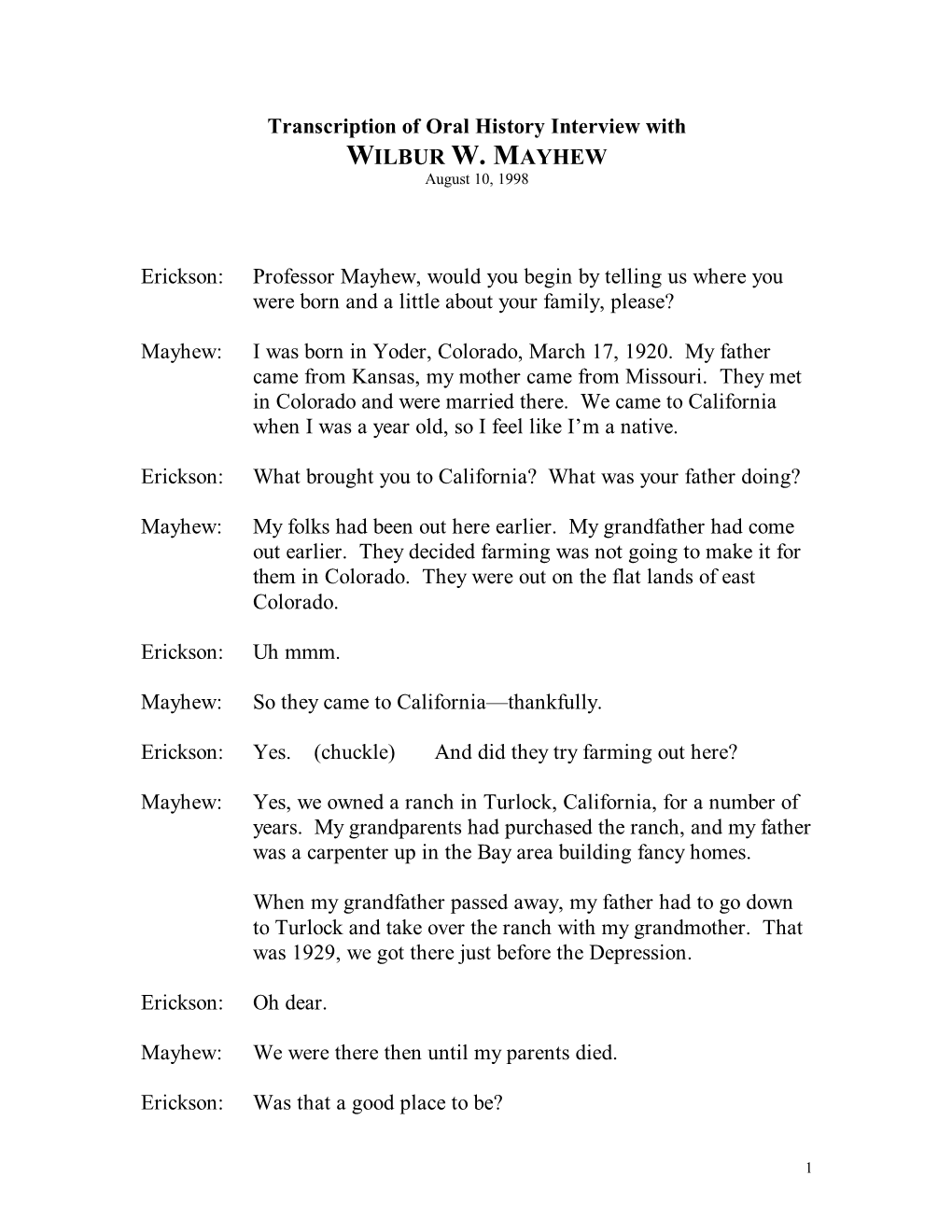 Transcription of Interview with Wilbur W. Mayhew