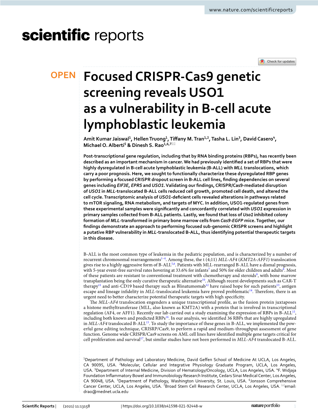 Focused CRISPR-Cas9 Genetic Screening Reveals USO1 As a Vulnerability in B-Cell Acute Lymphoblastic Leukemia