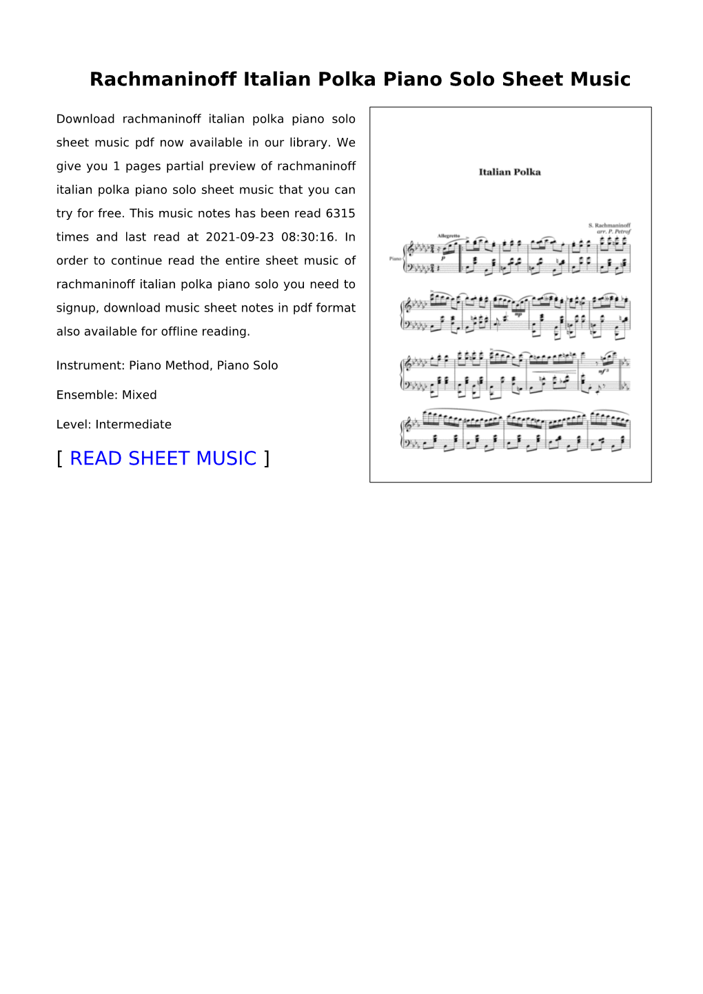 Sheet Music of Rachmaninoff Italian Polka Piano Solo You Need to Signup, Download Music Sheet Notes in Pdf Format Also Available for Offline Reading