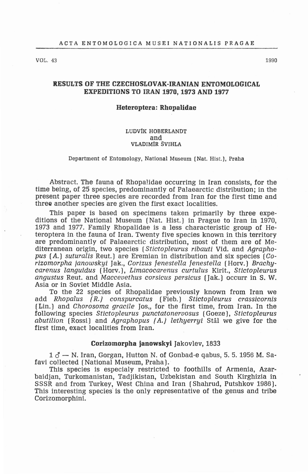 Hoberlandt L., Švihla V. Results of the Czechoslovak-Iranian Entomological Expeditions to Iran 1970, 1973