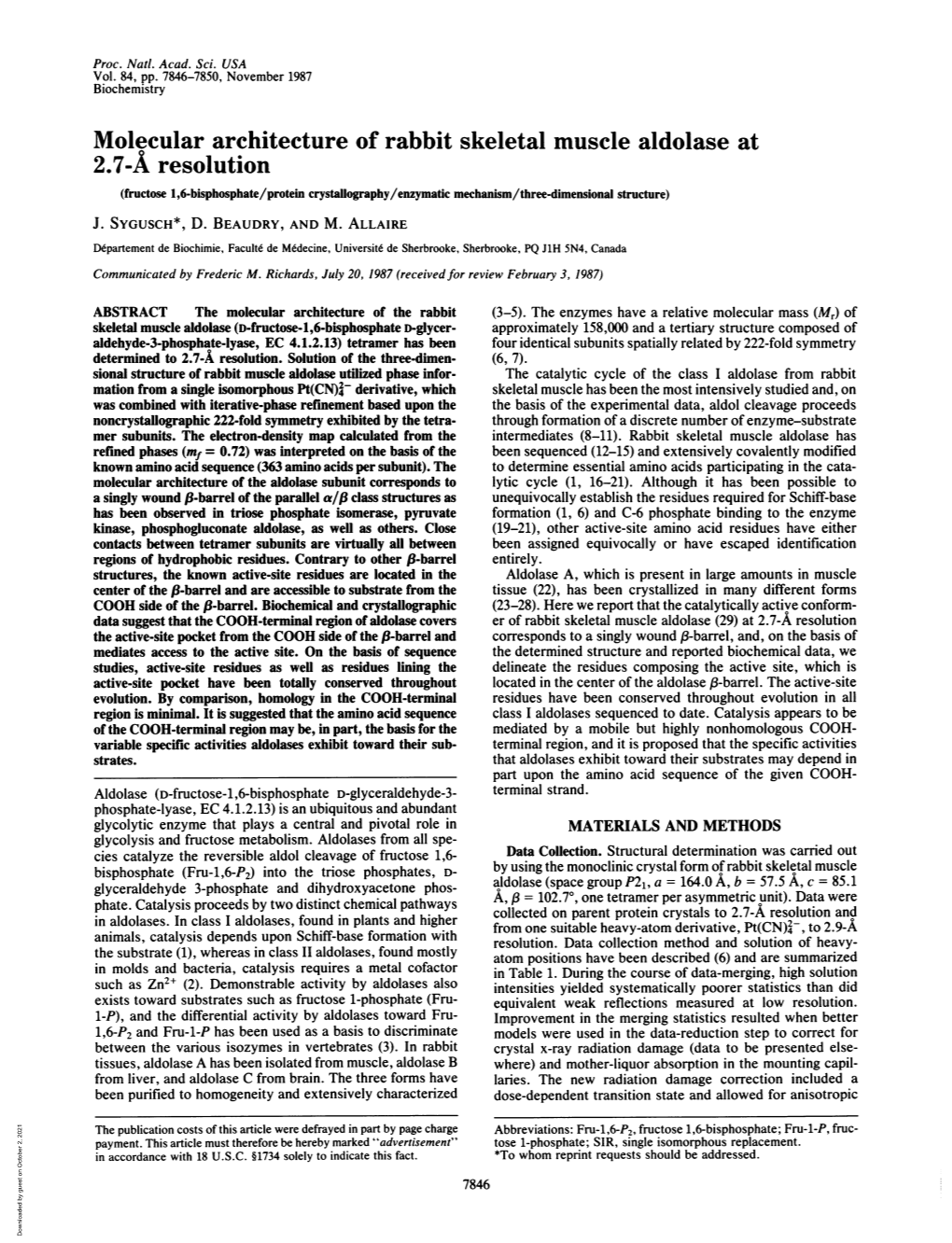 2.7-A Resolution (Fructose 1,6-Bisphosphate/Protein Crystallography/Enzymatic Mechanism/Three-Dimensional Structure) J