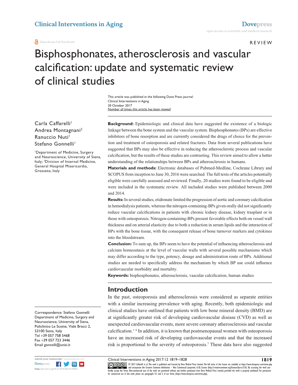 Bisphosphonates, Atherosclerosis and Vascular Calcification: Update and Systematic Review of Clinical Studies