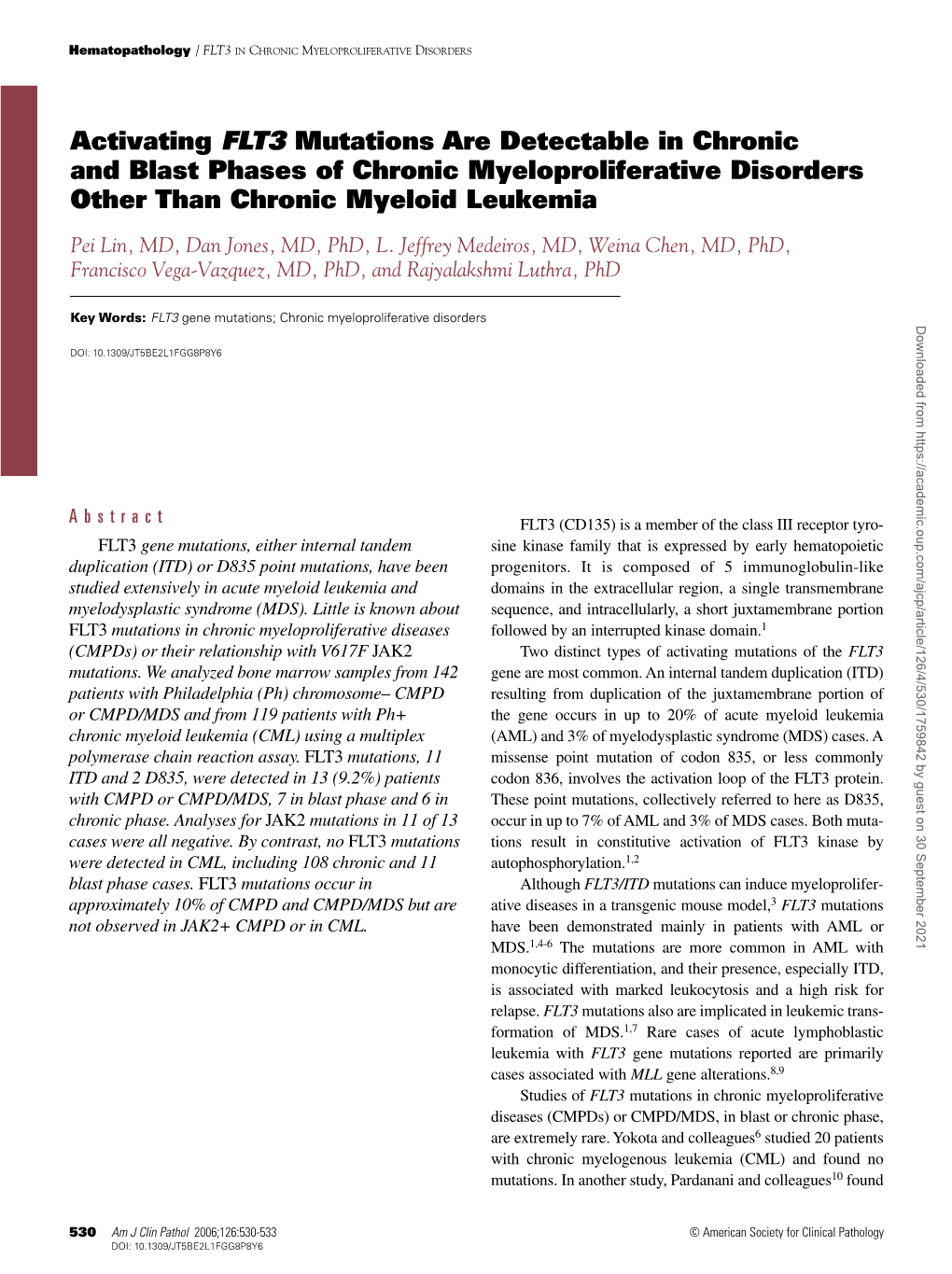 Activating FLT3 Mutations Are Detectable in Chronic and Blast Phases of Chronic Myeloproliferative Disorders Other Than Chronic Myeloid Leukemia