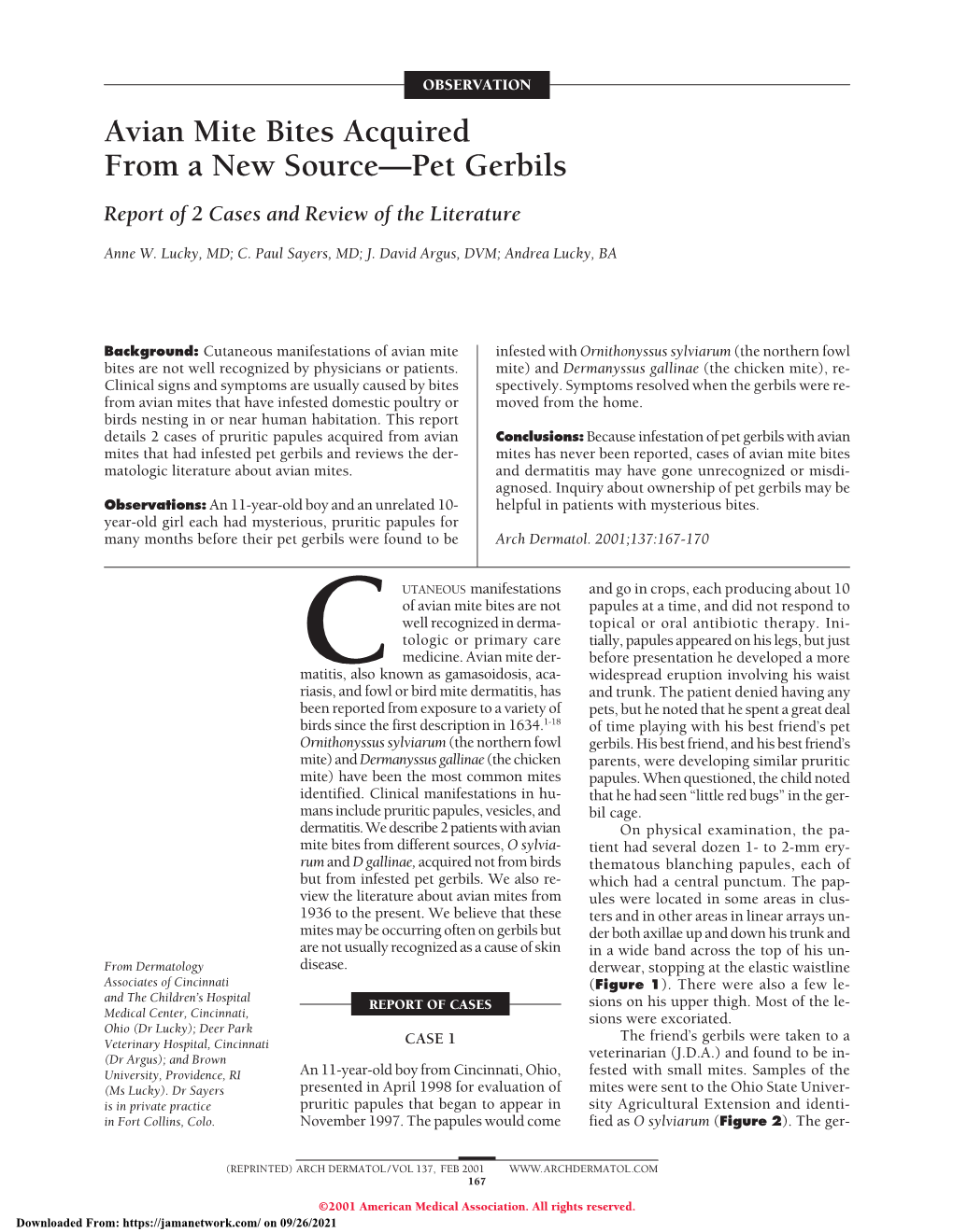 Avian Mite Bites Acquired from a New Source—Pet Gerbils Report of 2 Cases and Review of the Literature
