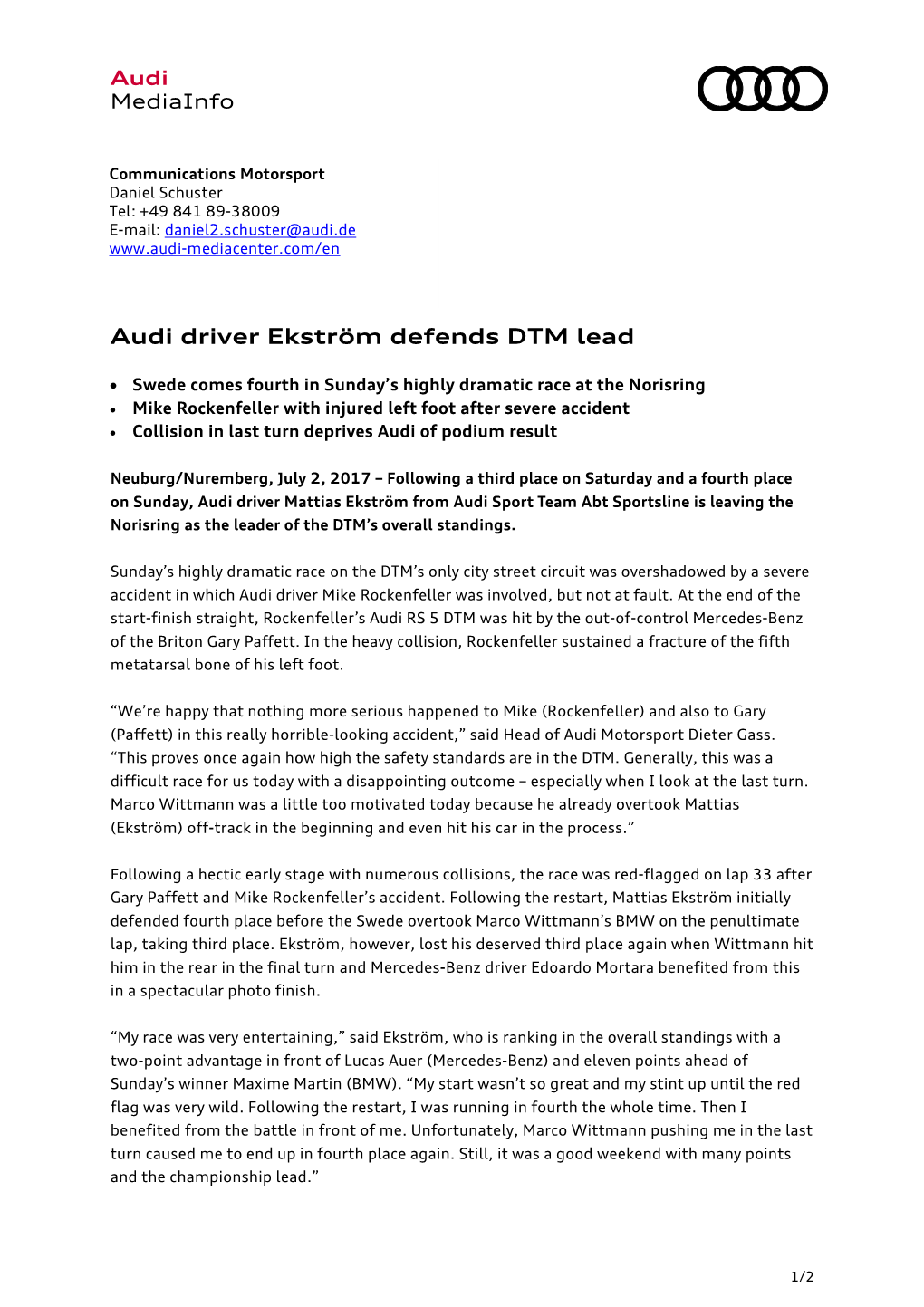 Audi Driver Ekström Defends DTM Lead
