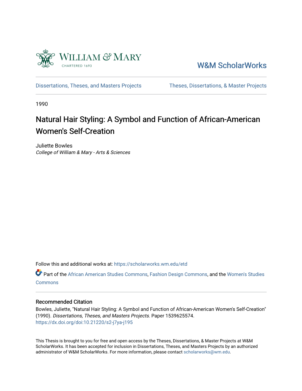 Natural Hair Styling: a Symbol and Function of African-American Women's Self-Creation