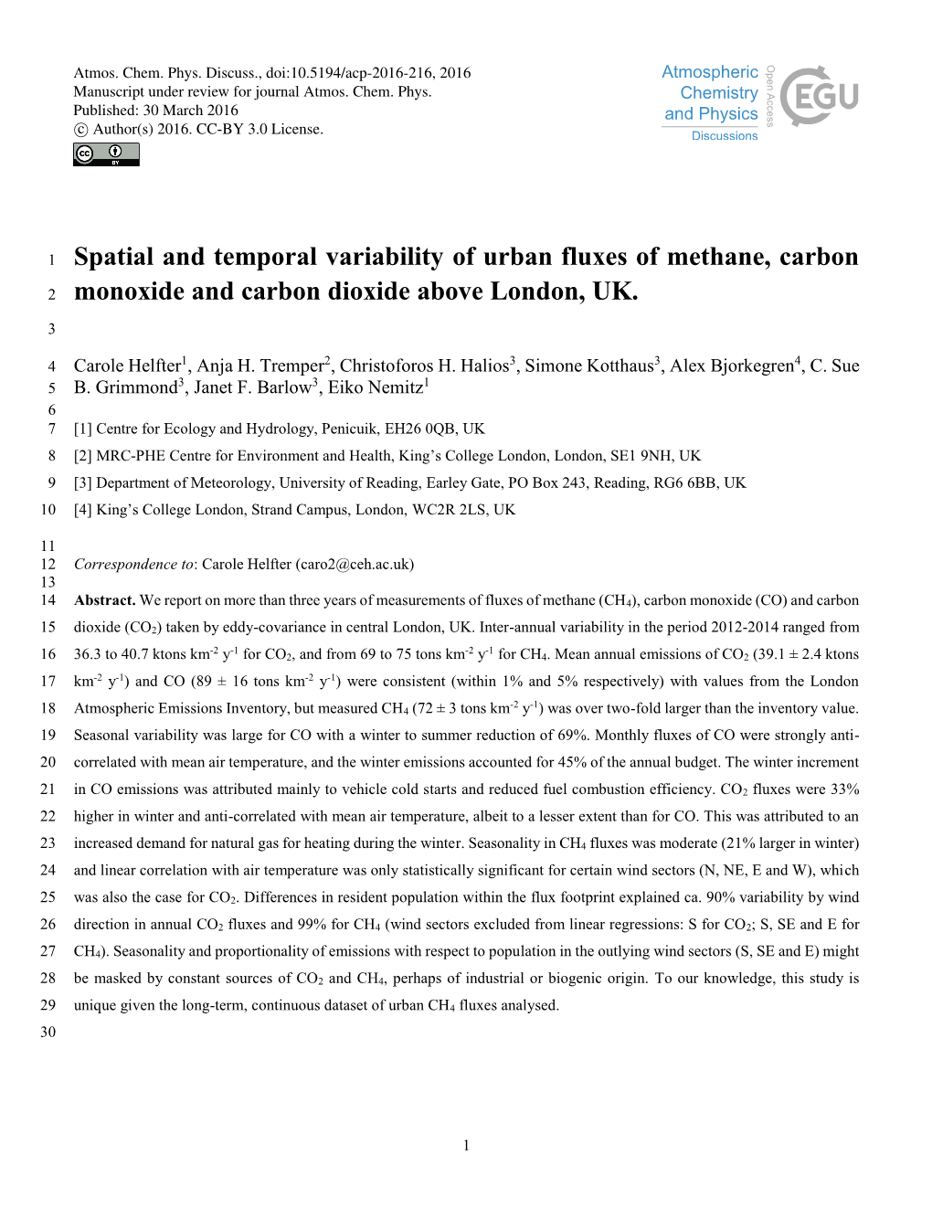 Spatial and Temporal Variability of Urban Fluxes of Methane, Carbon 2 Monoxide and Carbon Dioxide Above London, UK