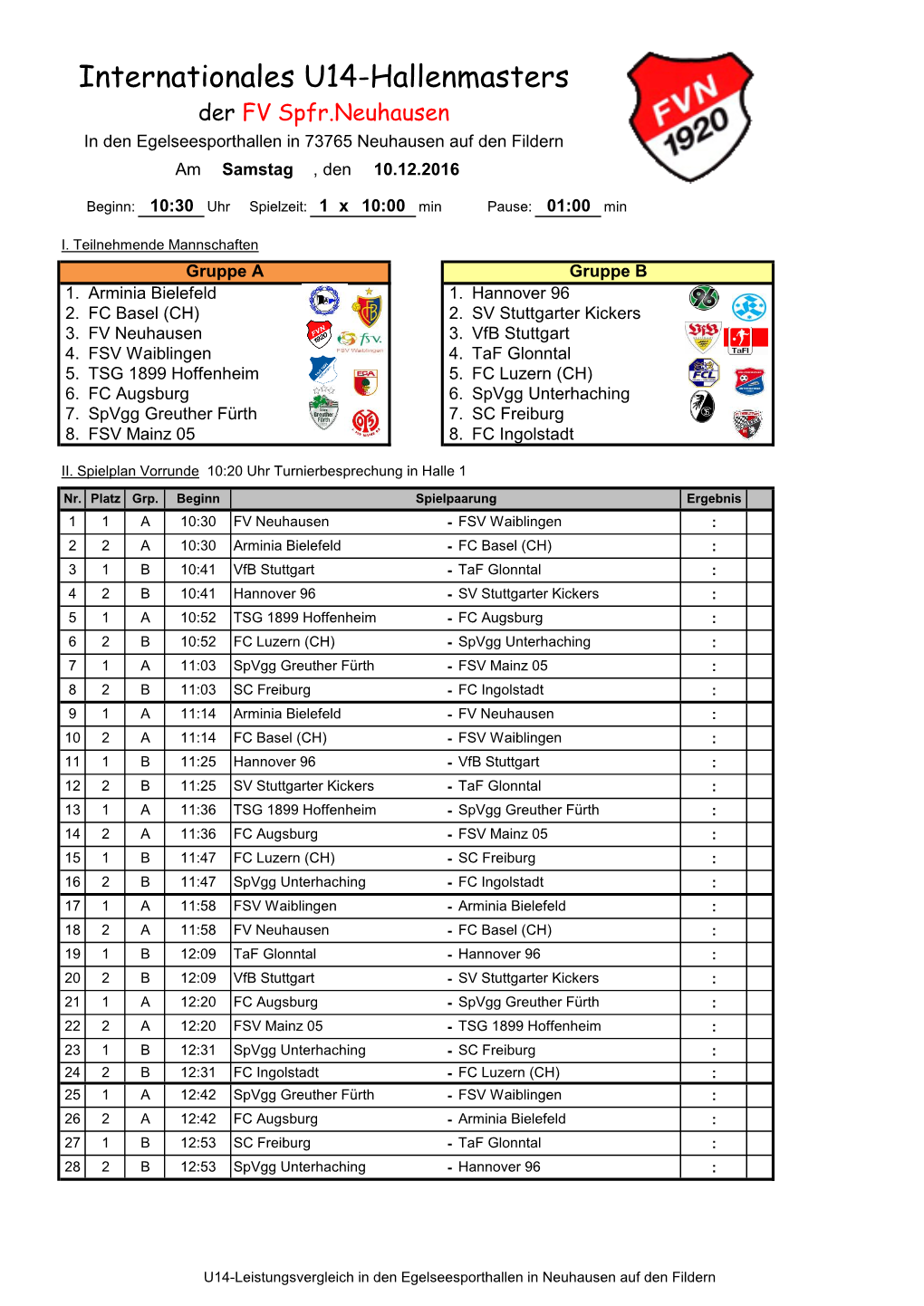 Internationales U14-Hallenmasters Der FV Spfr.Neuhausen in Den Egelseesporthallen in 73765 Neuhausen Auf Den Fildern Am Samstag , Den 10.12.2016