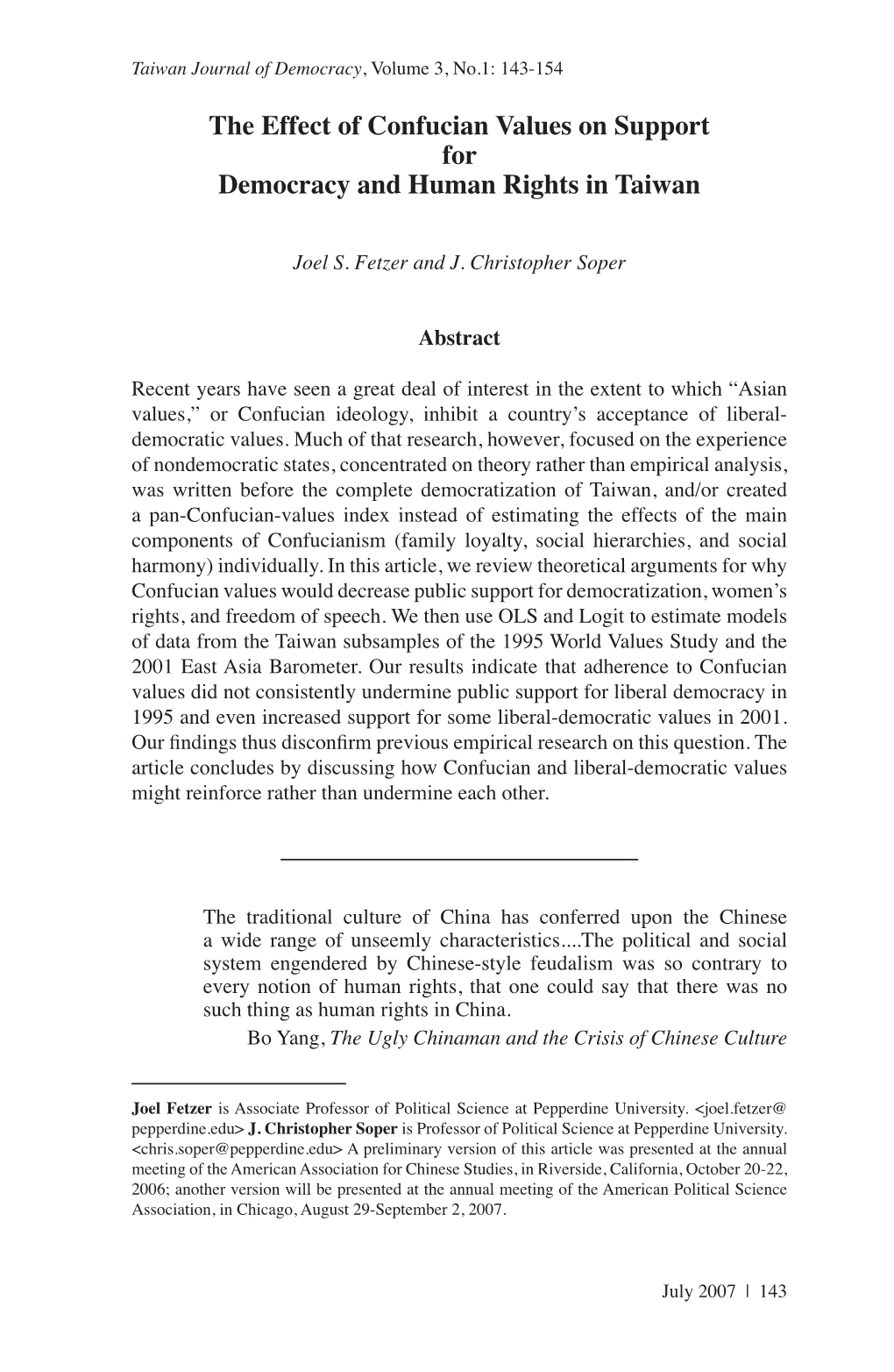 The Effect of Confucian Values on Support for Democracy and Human Rights in Taiwan