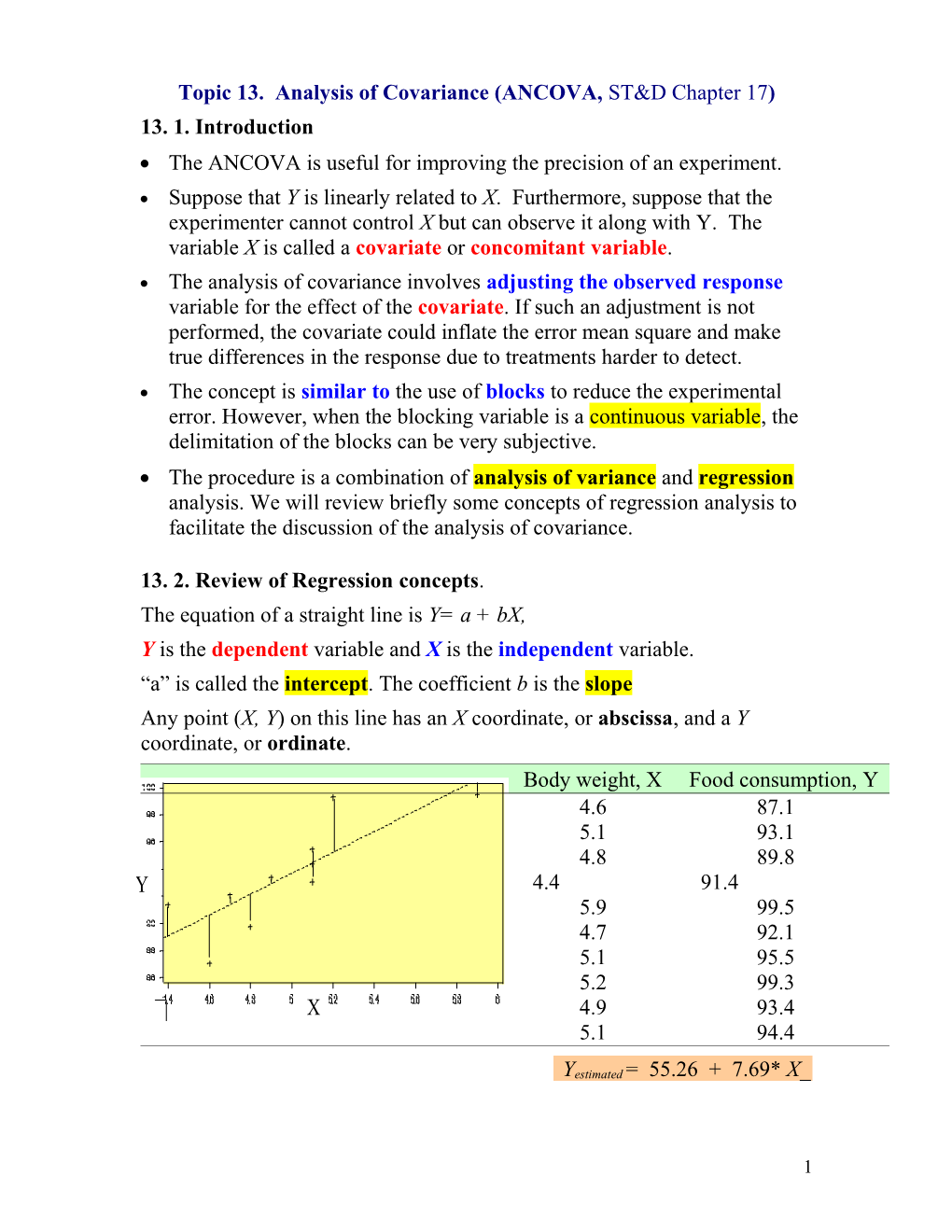 Topic 13. Analysis of Covariance (ANCOVA, ST&D Chapter 17)