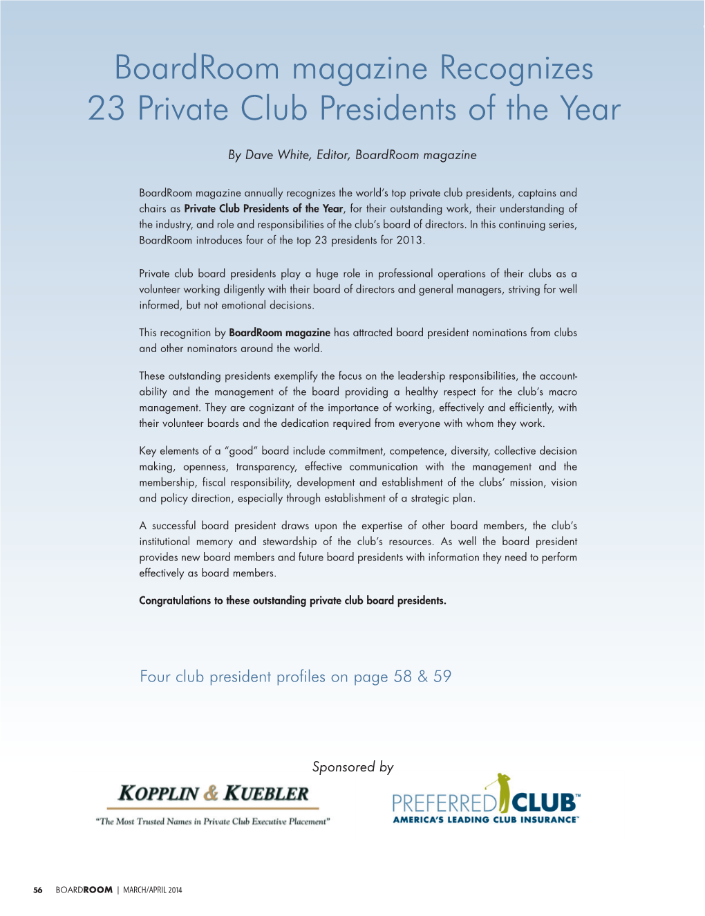 Boardroom Magazine Recognizes 23 Private Club Presidents of the Year