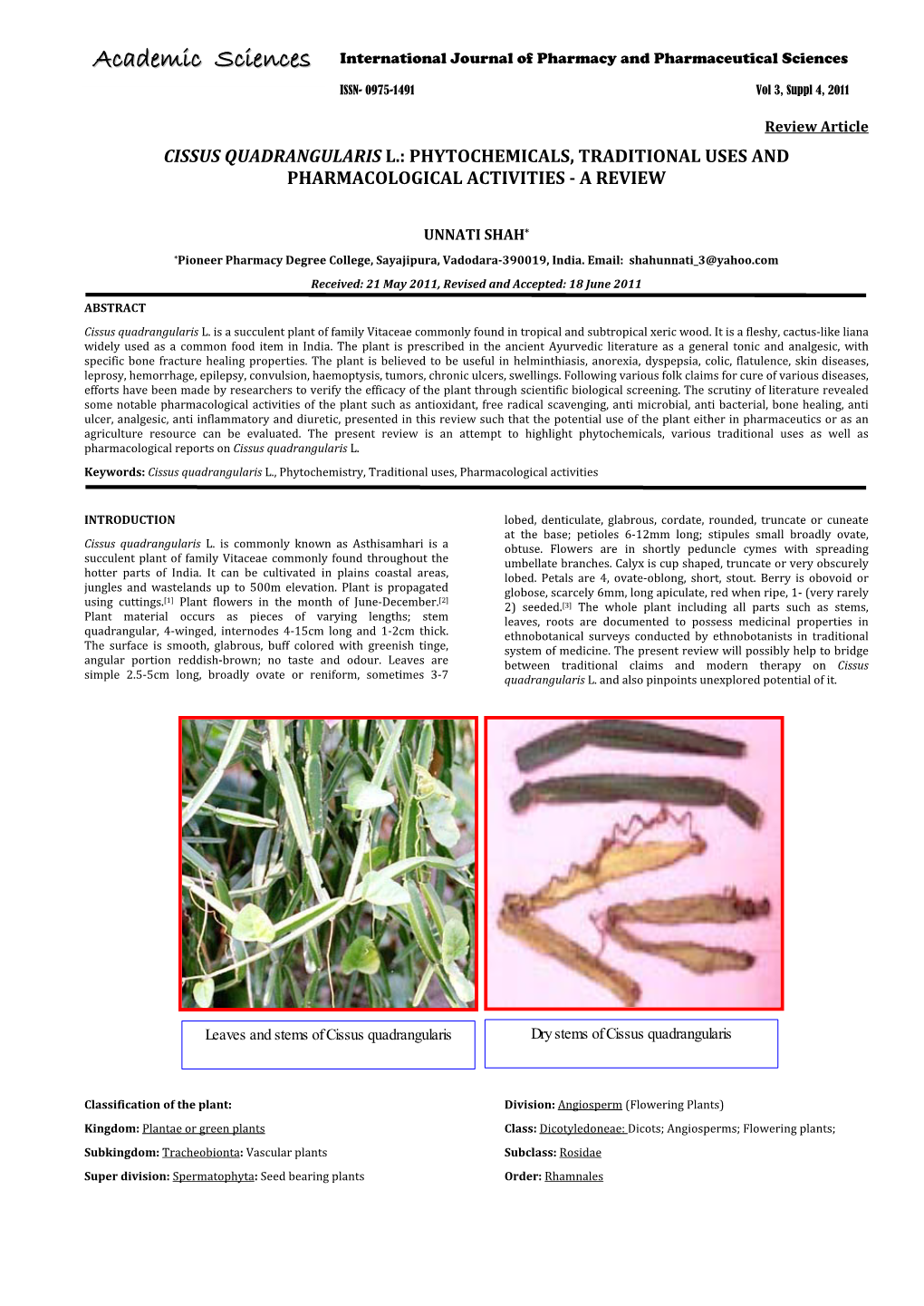 Cissus Quadrangularis L.: Phytochemicals, Traditional Uses and Pharmacological Activities - a Review