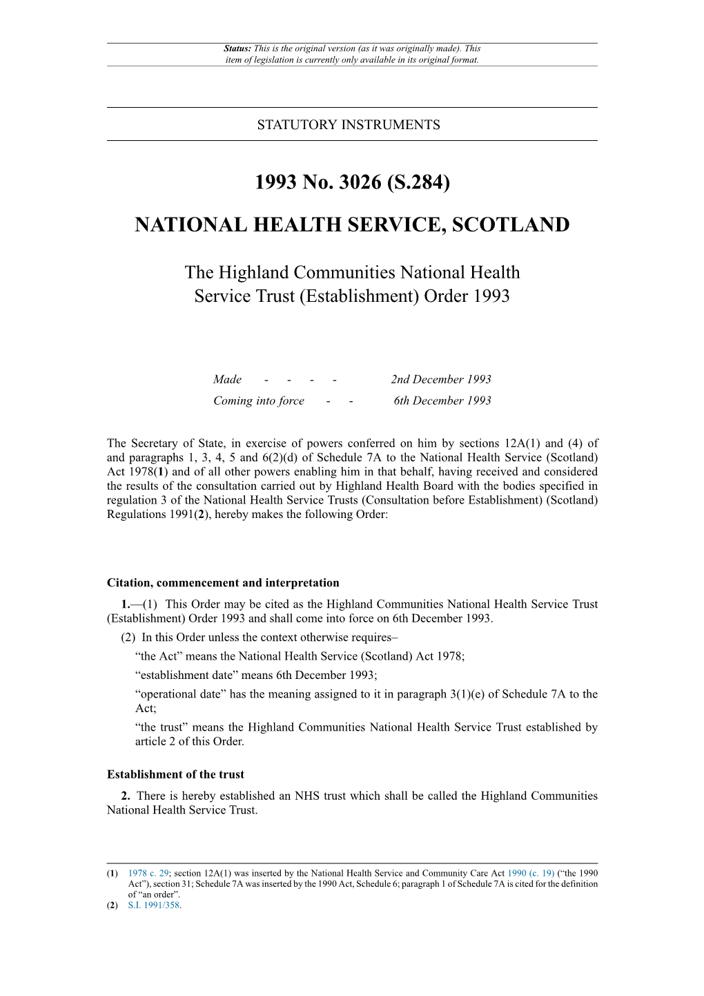 The Highland Communities National Health Service Trust (Establishment) Order 1993