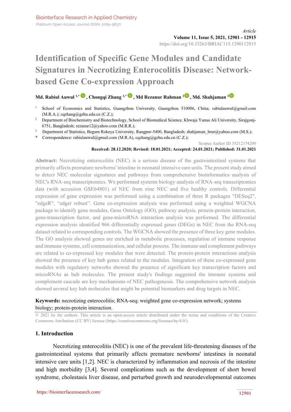 Identification of Specific Gene Modules and Candidate Signatures in Necrotizing Enterocolitis Disease: Network- Based Gene Co-Expression Approach