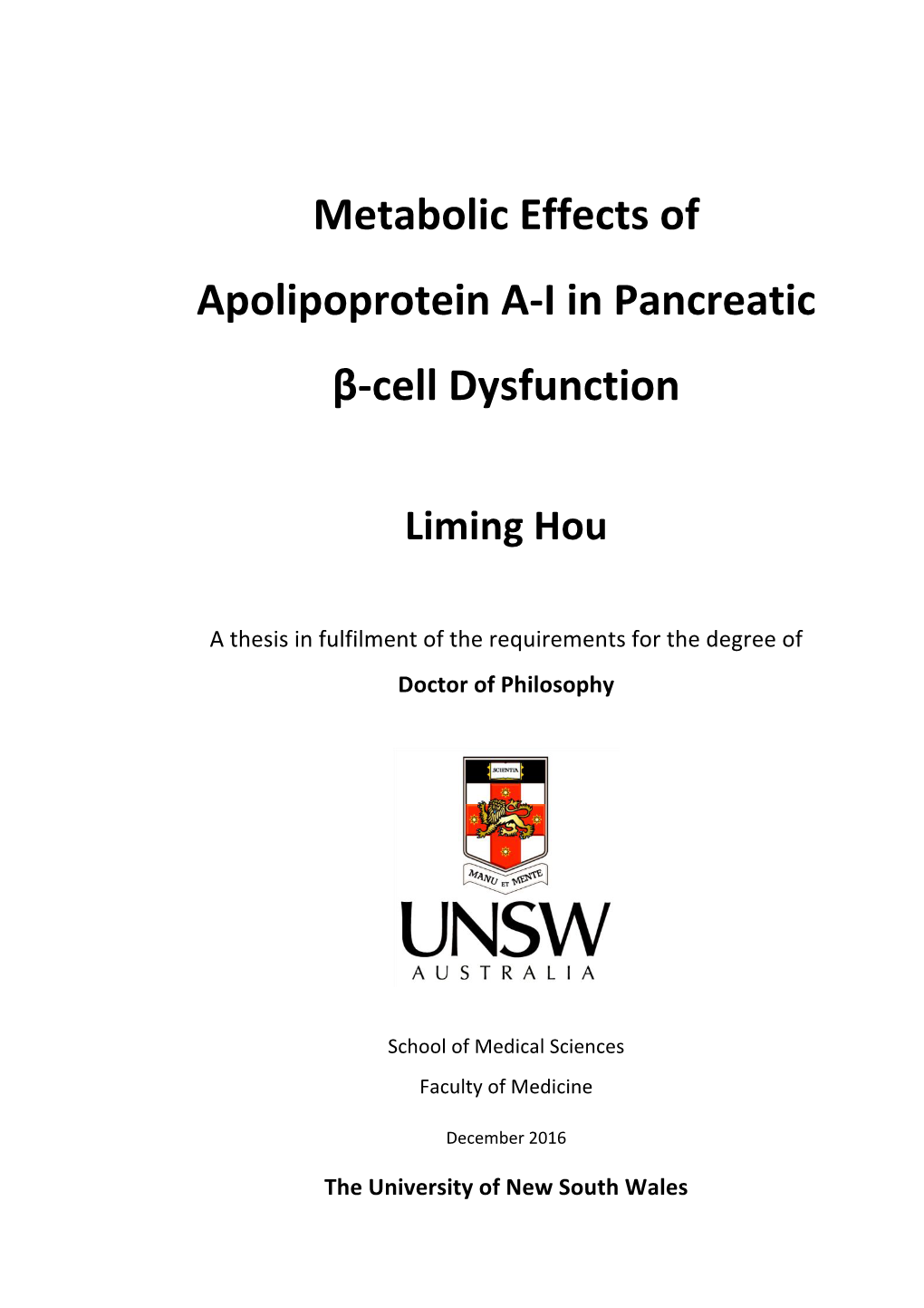 Metabolic Effects of Apolipoprotein A-I in Pancreatic Β-Cell Dysfunction