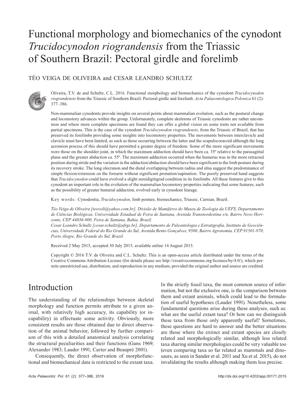 Functional Morphology and Biomechanics of the Cynodont Trucidocynodon Riograndensis from the Triassic of Southern Brazil: Pectoral Girdle and Forelimb