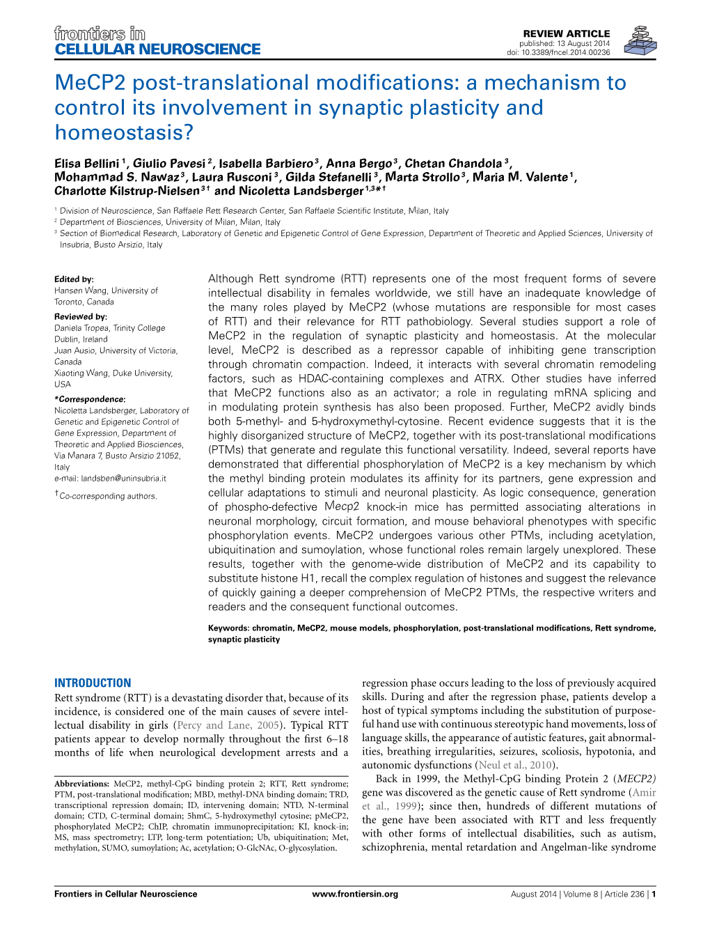 Mecp2 POST-TRANSLATIONAL MODIFICATIONS OTHER Mechanisms of Action Through Its Ptms