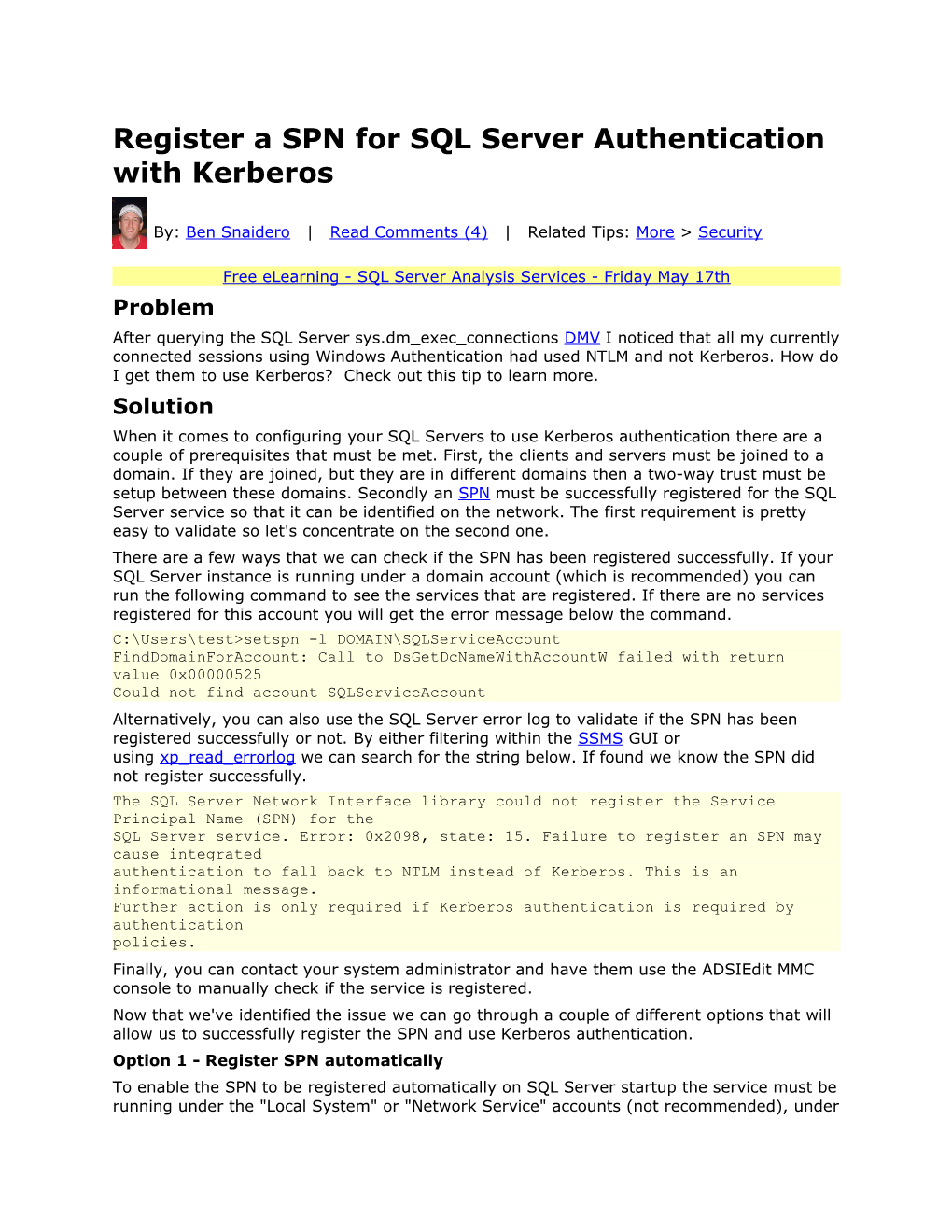 Register a SPN for SQL Server Authentication with Kerberos