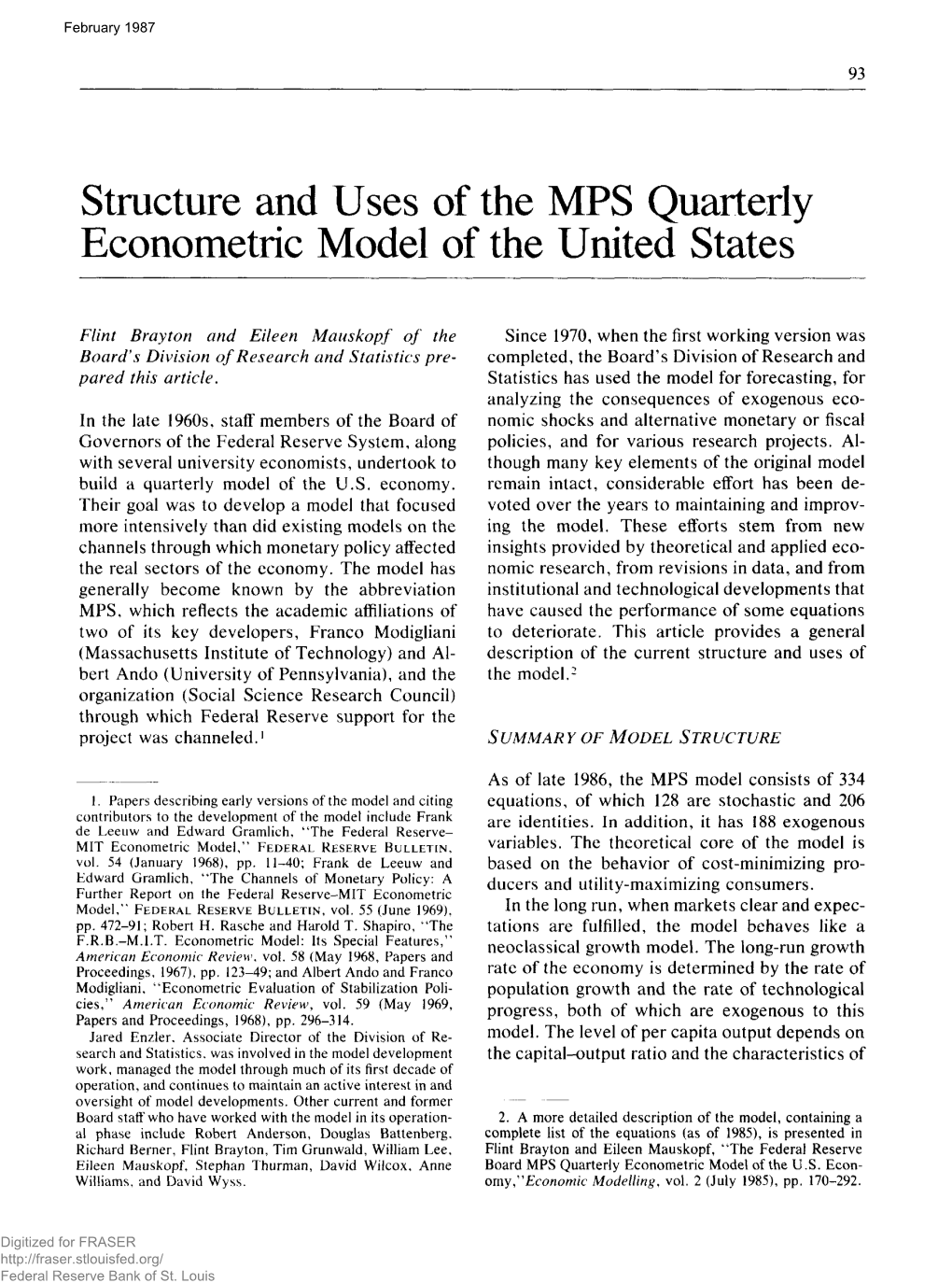 Structure and Uses of the MPS Quarterly Econometric Model of the United States