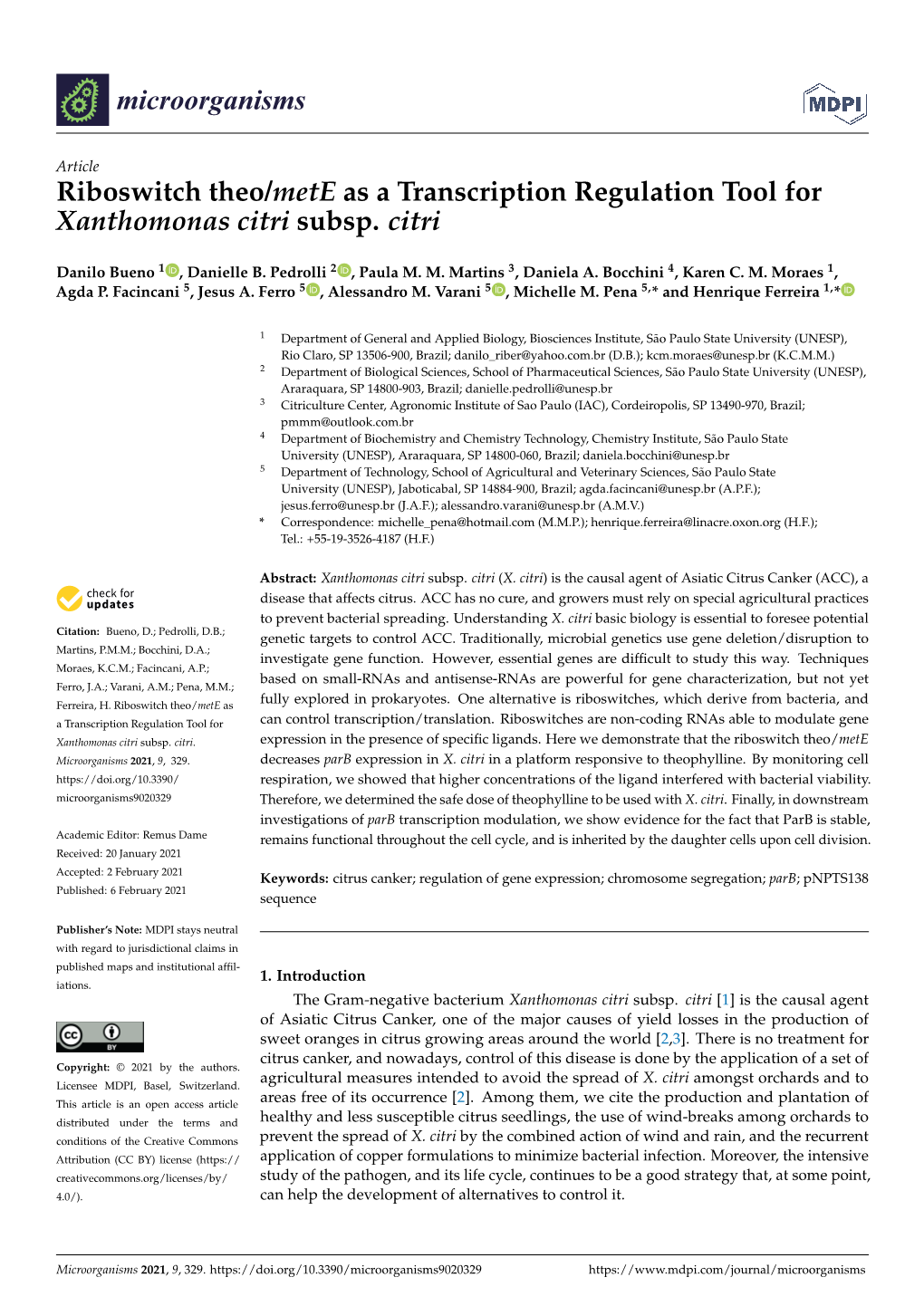 Riboswitch Theo/Mete As a Transcription Regulation Tool for Xanthomonas Citri Subsp