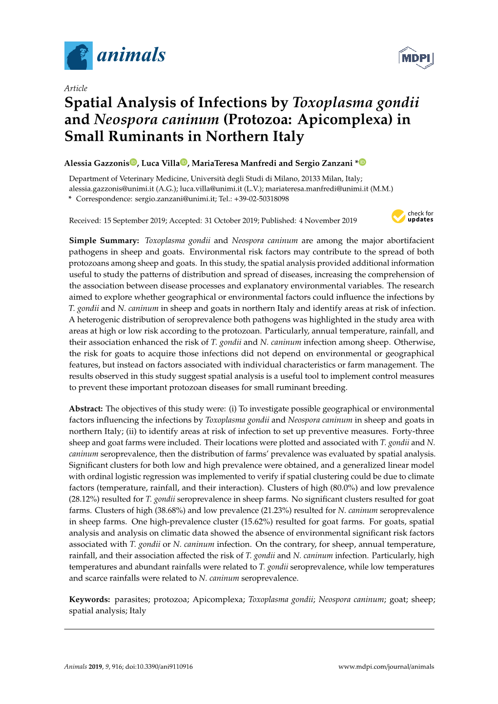 Spatial Analysis of Infections by Toxoplasma Gondii and Neospora Caninum (Protozoa: Apicomplexa) in Small Ruminants in Northern Italy