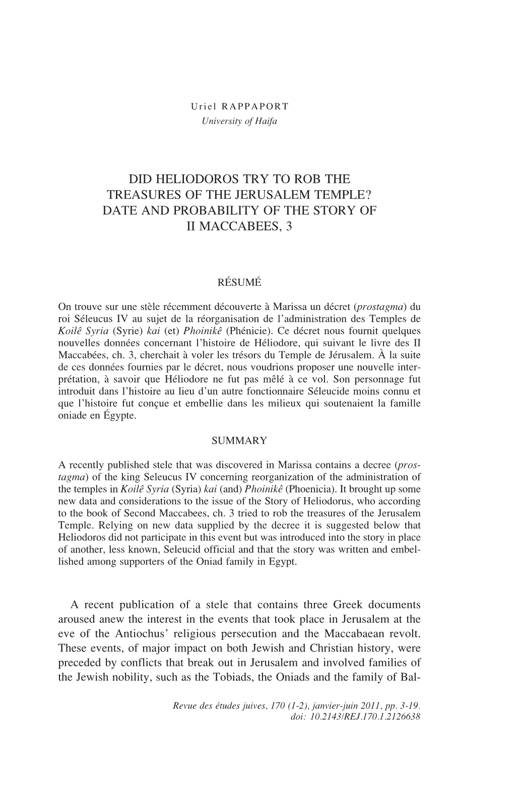 Did Heliodoros Try to Rob the Treasures of the Jerusalem Temple? Date and Probability of the Story of Ii Maccabees, 3