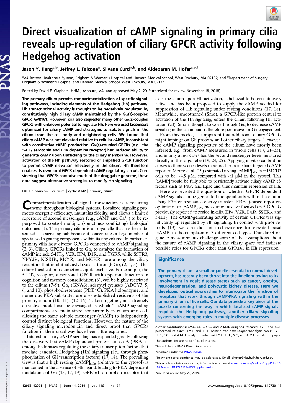 Direct Visualization of Camp Signaling in Primary Cilia Reveals Up-Regulation of Ciliary GPCR Activity Following Hedgehog Activation