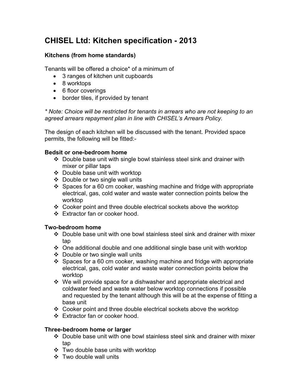 CHISEL Ltd: Kitchen Specification - 2013