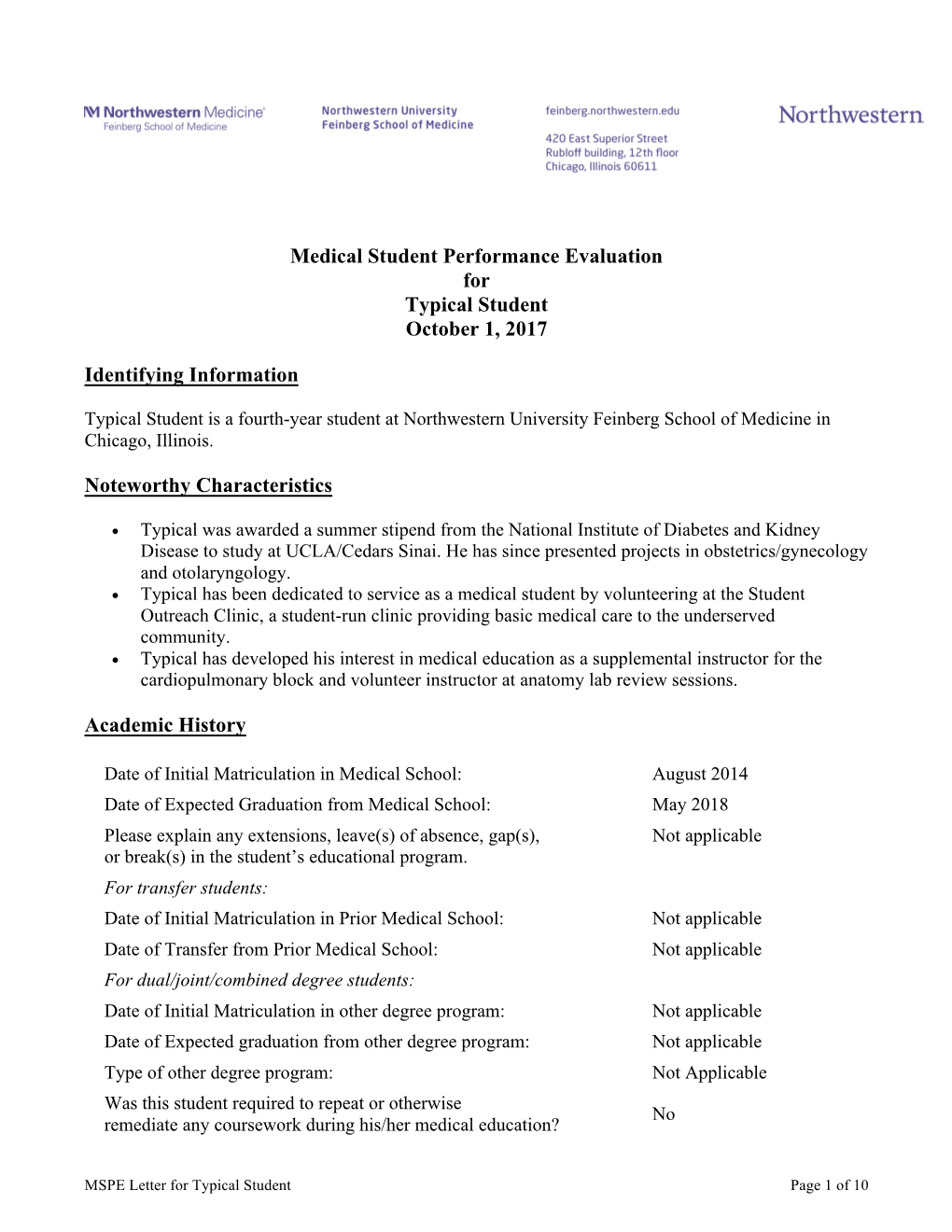 Medical Student Performance Evaluation for Typical Student October 1, 2017