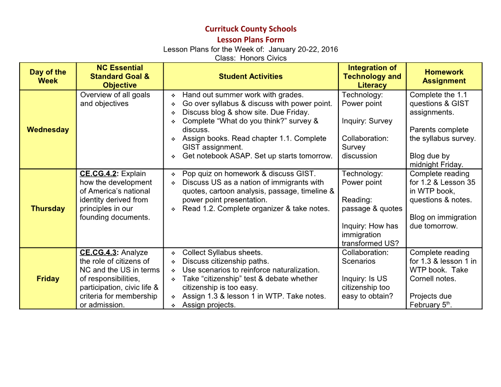 Lesson Plans for the Week Of: SELECTWEEK