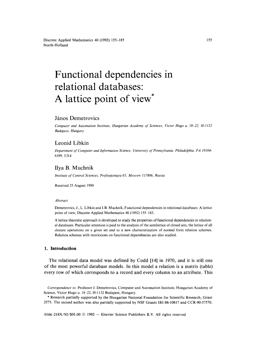 Functional Dependencies in Relational Databases: a Lattice Point of View*