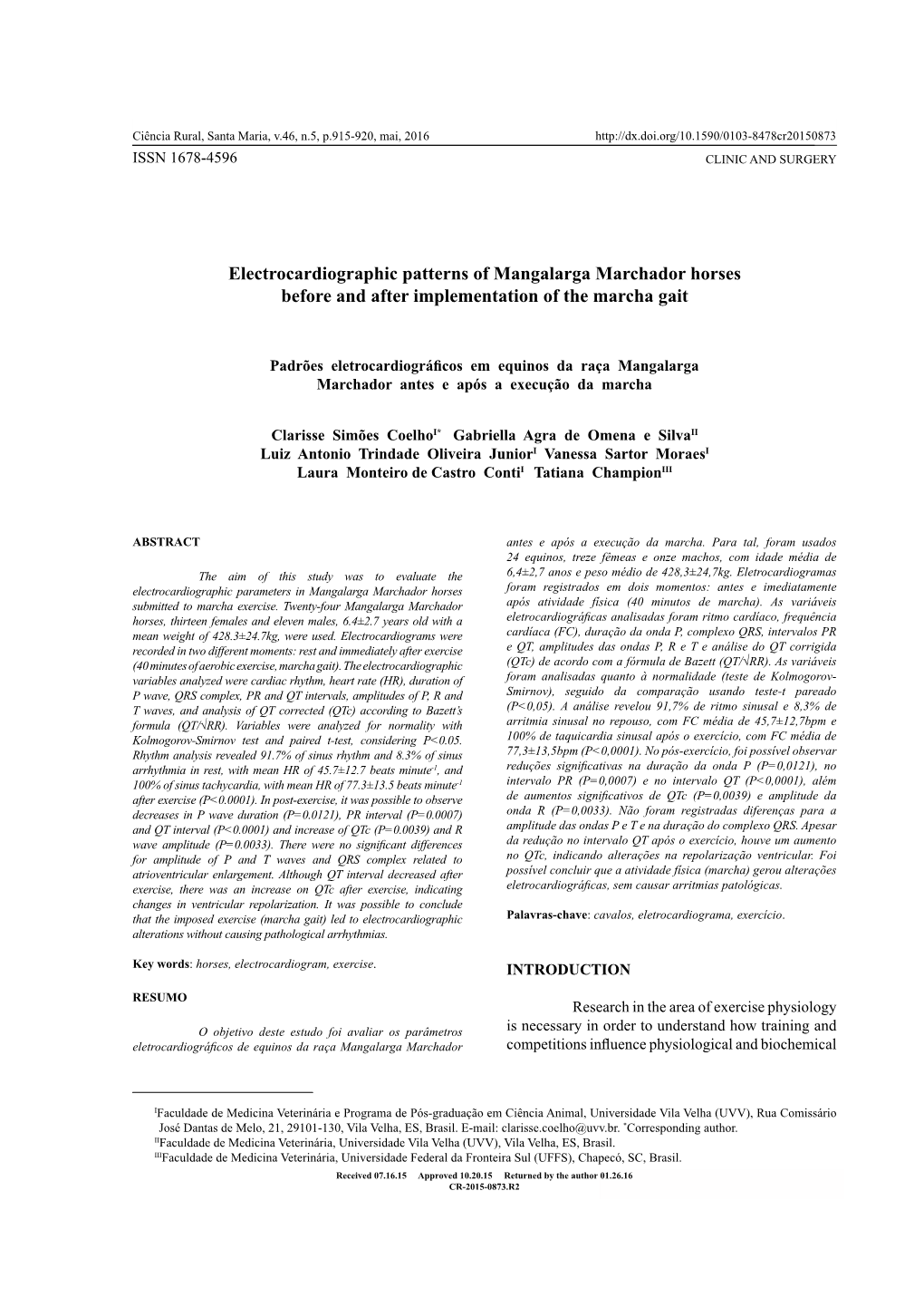 Electrocardiographic Patterns of Mangalarga Marchador Horses Before and After Implementation of the Marcha Gait