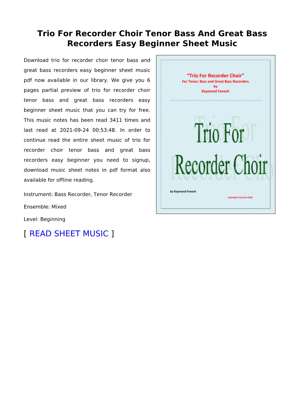 Trio for Recorder Choir Tenor Bass and Great Bass Recorders Easy Beginner Sheet Music