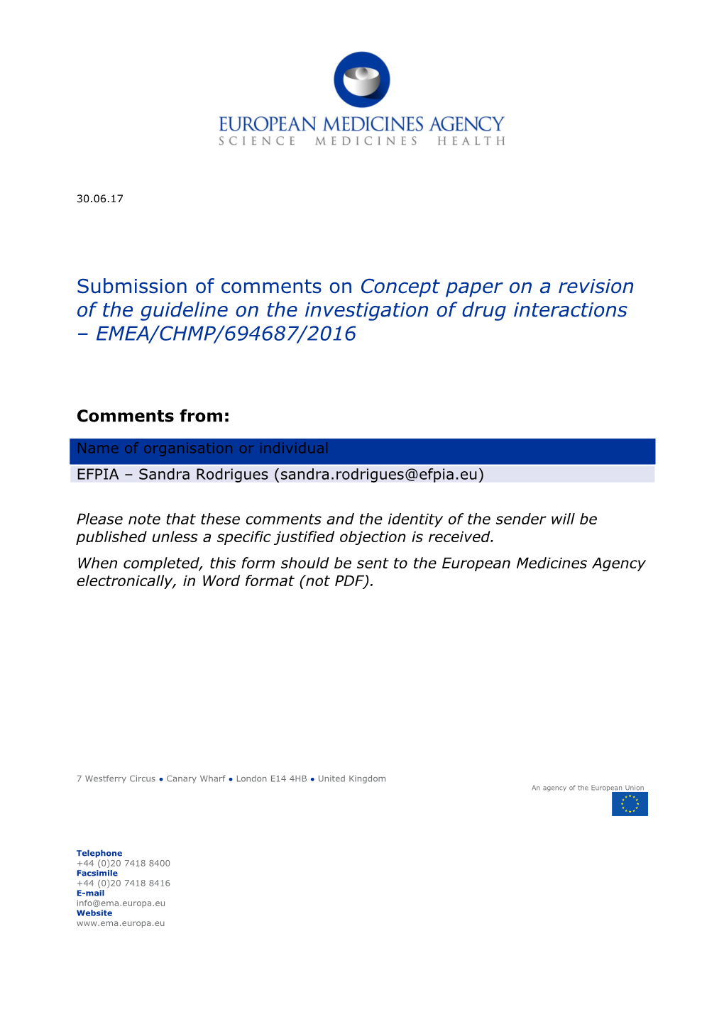 Form for Submission of Comments