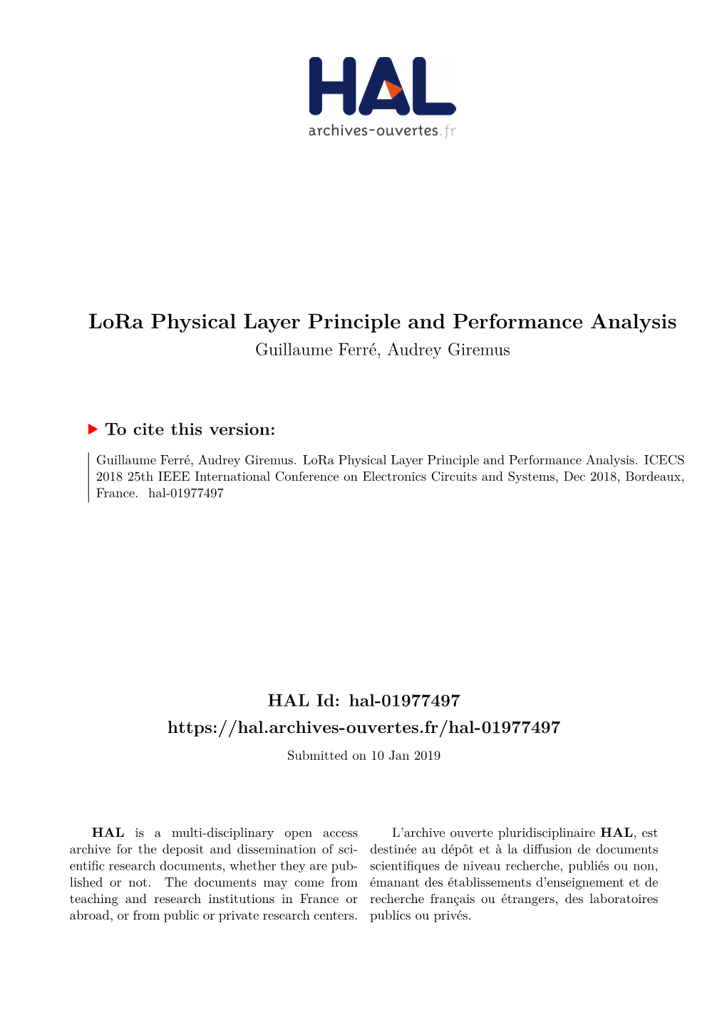 Lora Physical Layer Principle and Performance Analysis Guillaume Ferré, Audrey Giremus